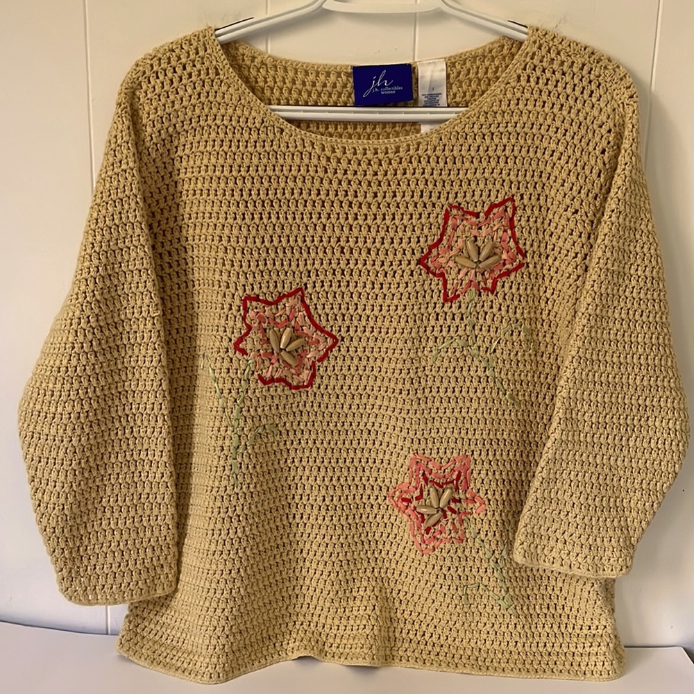 J.H. collectibles woman Yellow Crochet Knit Sweater Pullover Top 3/4 Sleeve